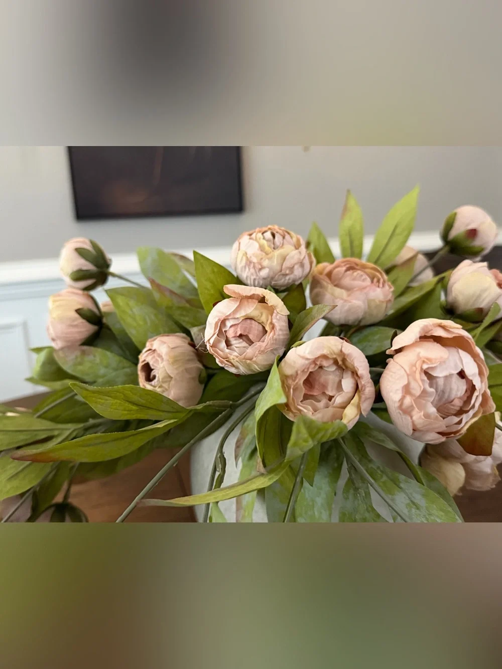 (8) viral Ashland tan peony stems (32 buds total)  from Michael’s w/pottery vase